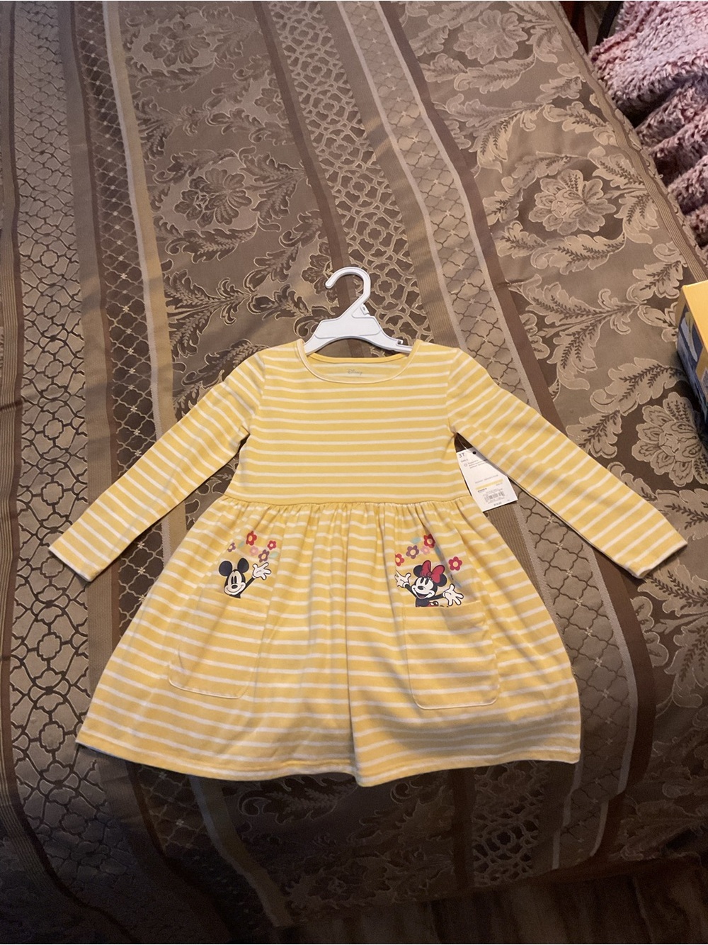 Girls' Yellow Striped Long-Sleeve Dress with Minnie & Mickey Pockets